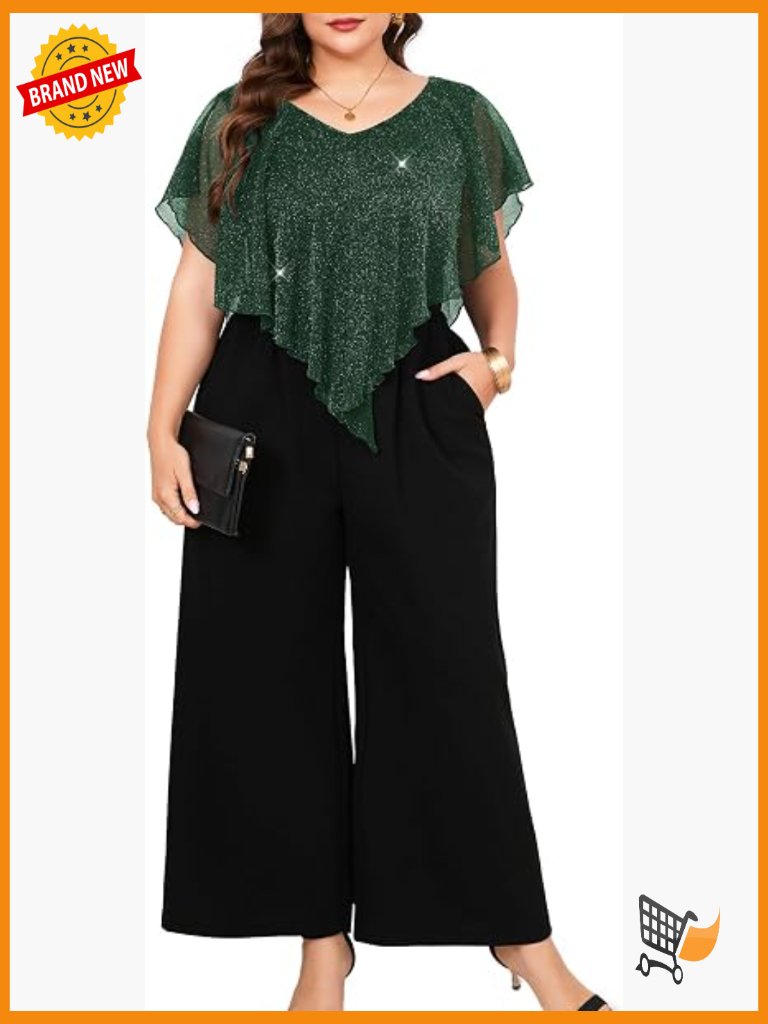 Plus Size Sparkly Mesh Pant Suit Wide Leg With Pockets Wedding Party